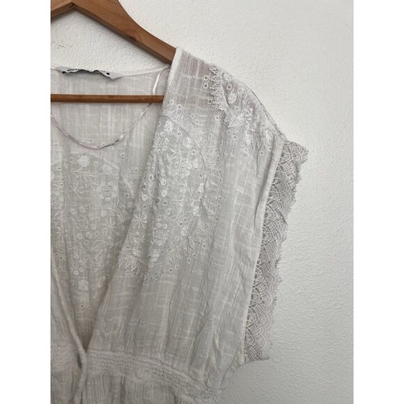 Zara Whimsical White Embroidered V-Neck Lace Cap Sleeves Maxi Dress Cover Up M - Picture 7 of 12